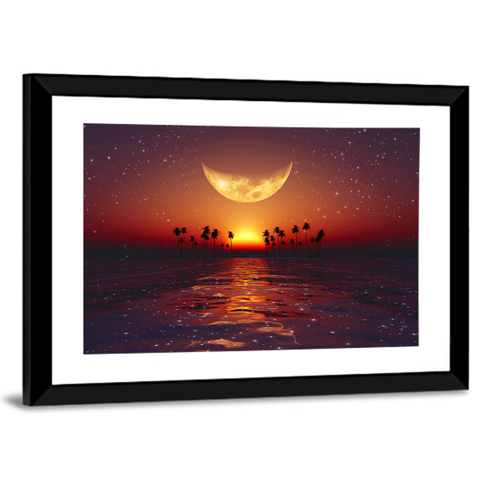 Golden Crescent Over Tropical Sunset Wall Art