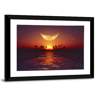 Golden Crescent Over Tropical Sunset Wall Art