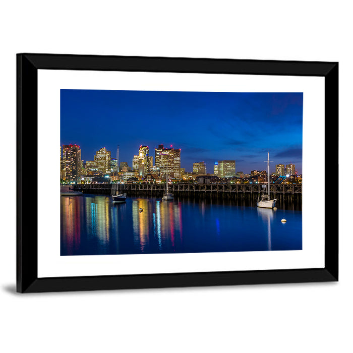 Boston Harbor Night Skyline Wall Art as a framed print