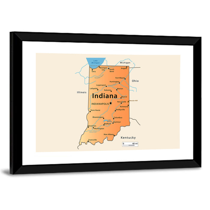 Indiana State Map Wall Art as a framed print
