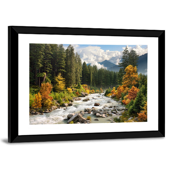 Autumn Mountain Stream with Rapids Wall Art as a framed print