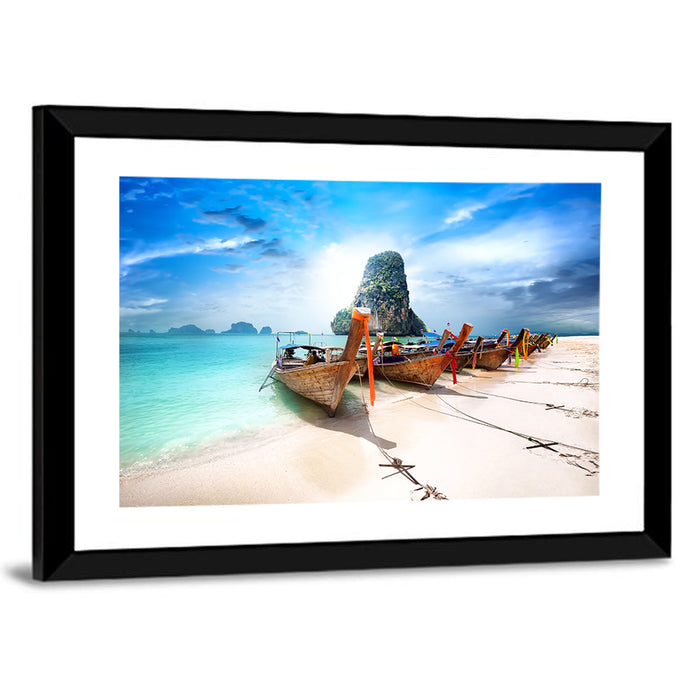 Railay Beach Long-tail Boats Wall Art as a framed print