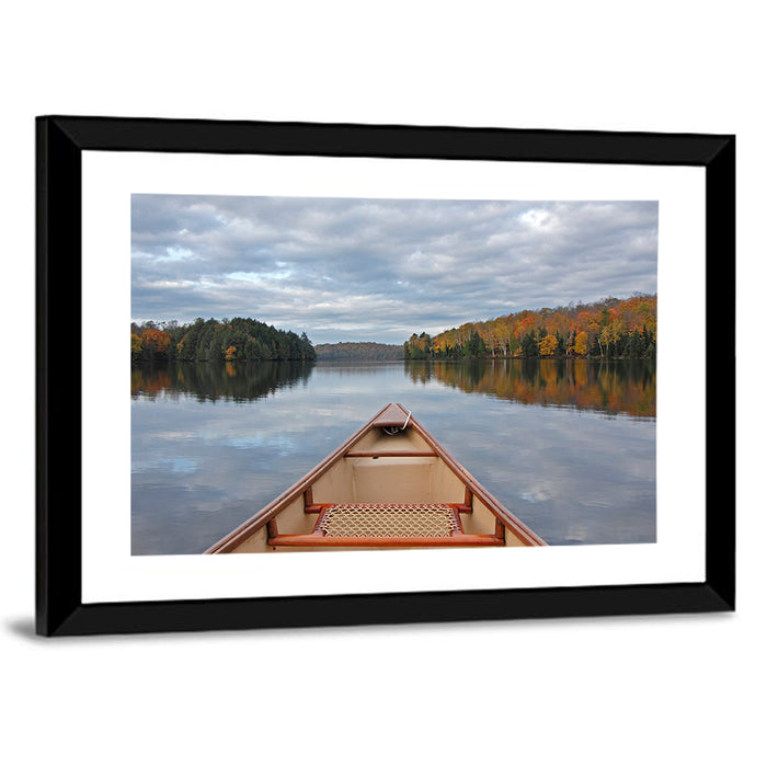 Overcast Canoe Bow on Autumn Lake Wall Art as a framed print