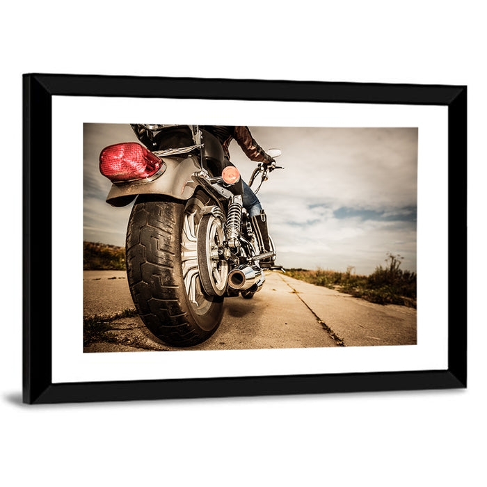 Low Angle Motorcycle Rear View Wall Art as a framed print