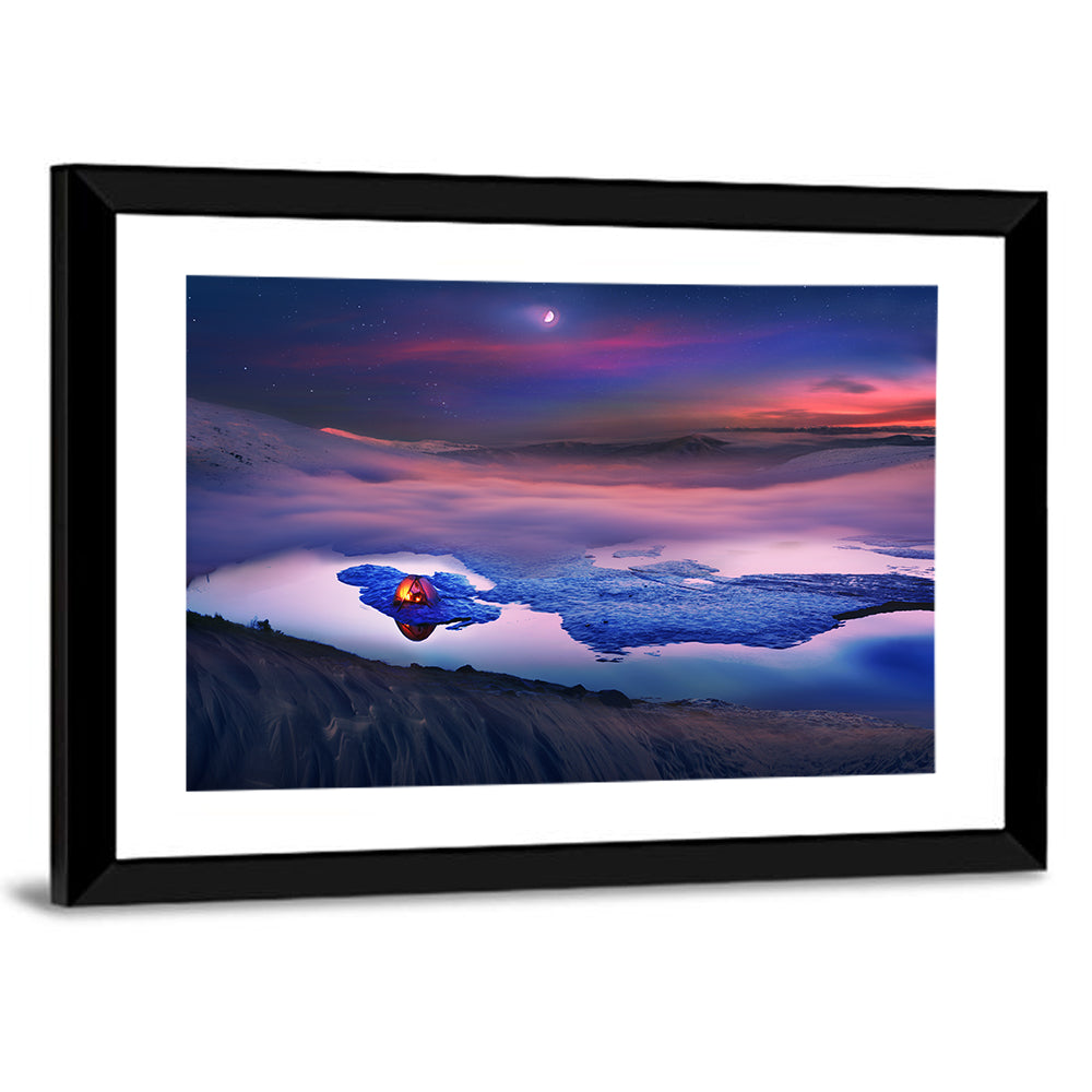 Glowing Tent on Frozen Mountain Lake Wall Art