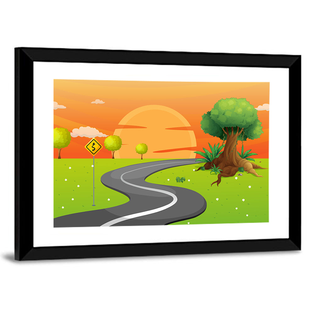 Winding Road Sunset Illustration Wall Art