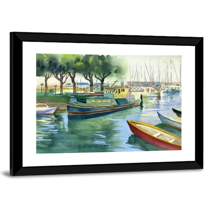 Watercolor Harbor Boats Wall Art as a framed print