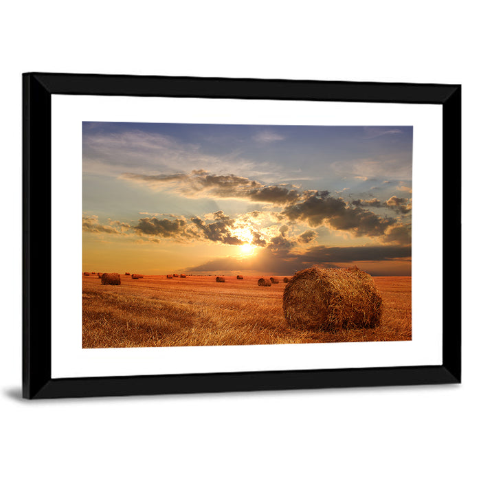 Golden Hour Hay Bale Wall Art as a framed print