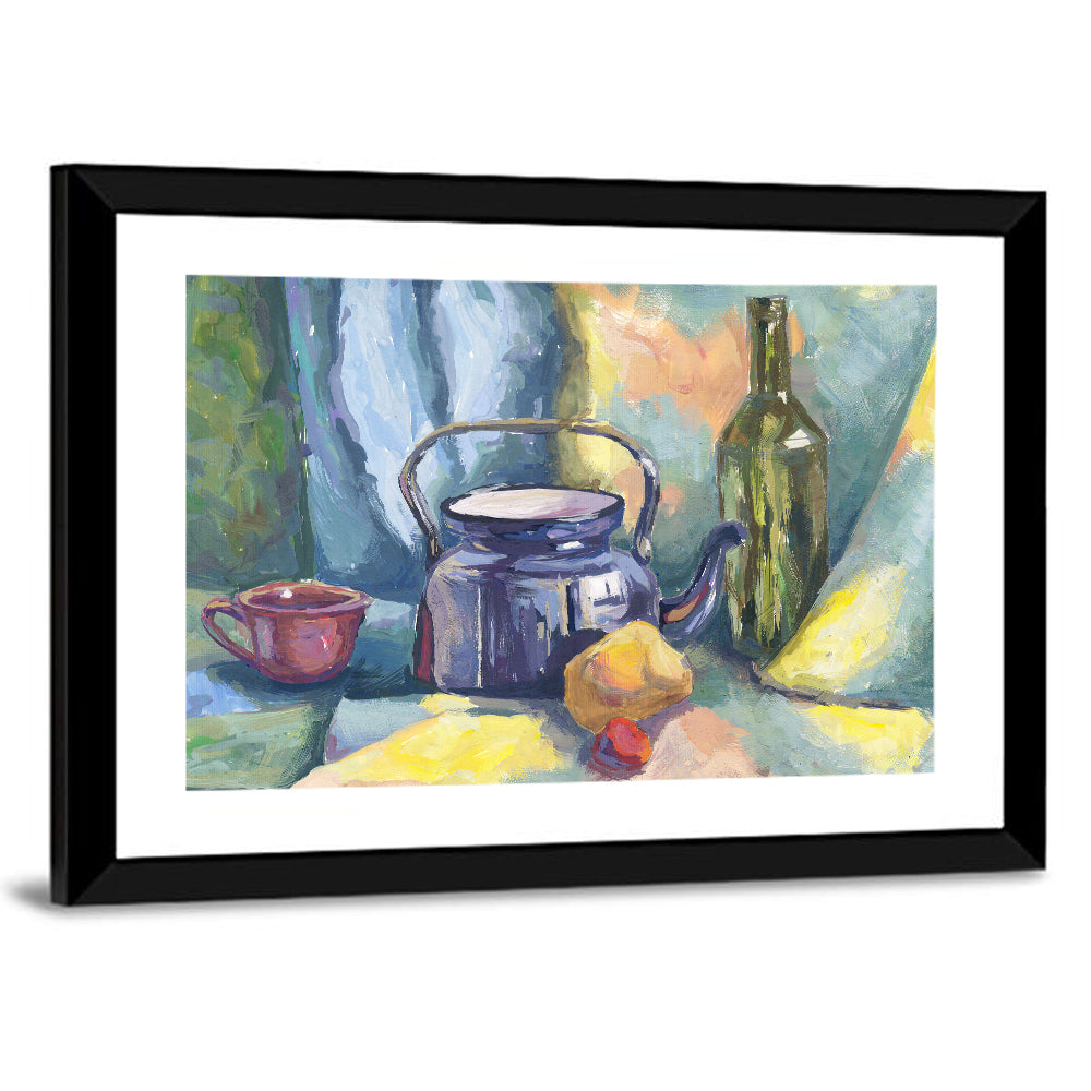 Metal Teapot and Bottle Still Life Wall Art