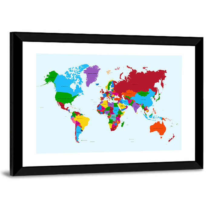 Minimalist Colorful World Map Wall Art as a framed print