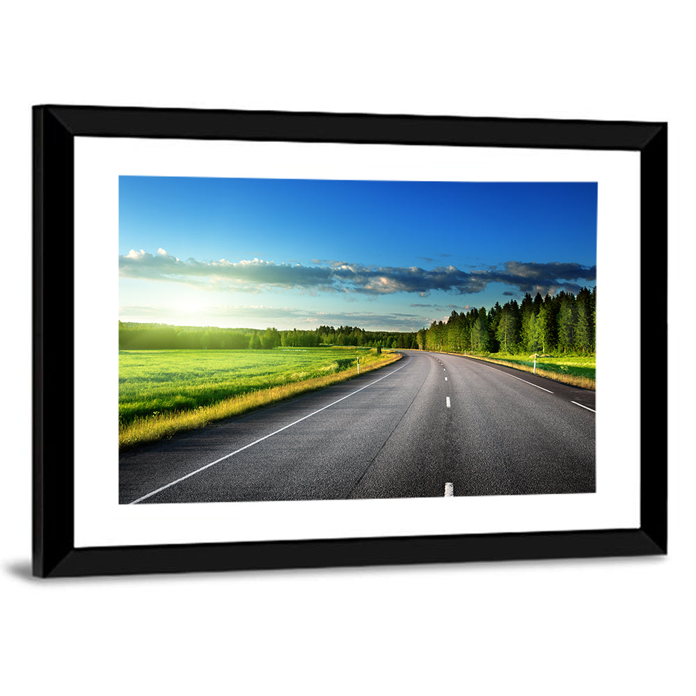 Curved Asphalt Road Through Forest Wall Art