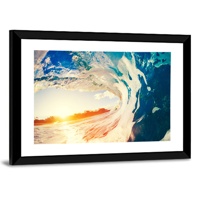 Blue Barrel Wave at Sunset Wall Art as a framed print