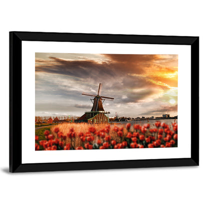 Dutch Windmill with Red Tulips Wall Art