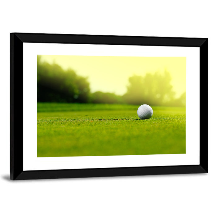 Dimpled Golf Ball on Putting Green Wall Art as a framed print