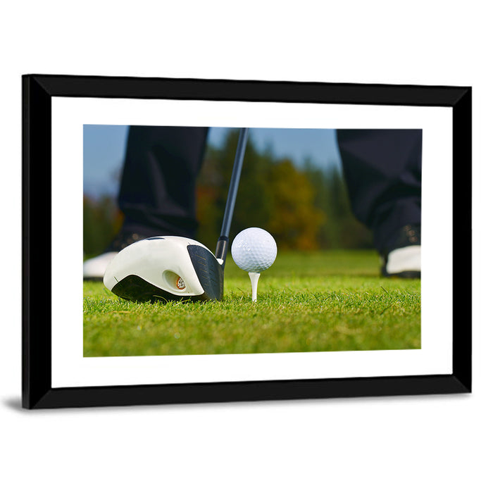 Golf Ball and Club Close Up Wall Art as a framed print