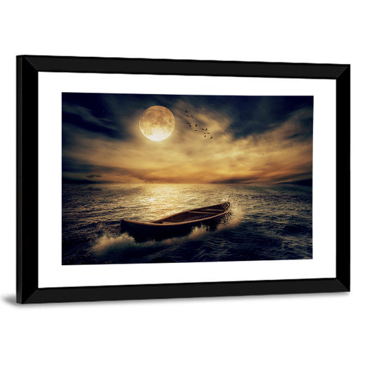 Moonlit Boat in Stormy Ocean Wall Art
