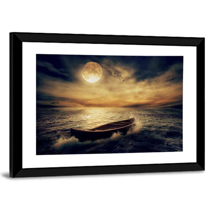 Moonlit Boat in Stormy Ocean Wall Art as a framed print