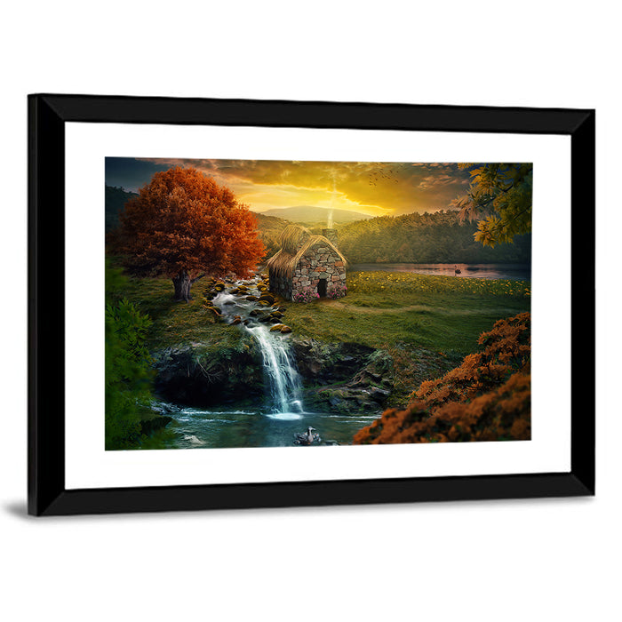 Thatched Cottage by Mountain Stream Wall Art as a framed print