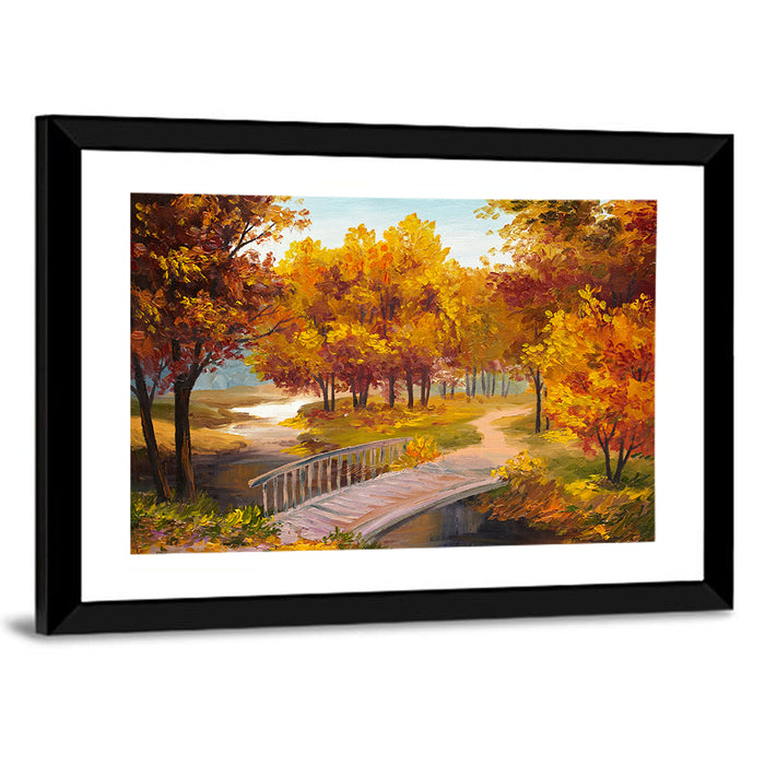 Autumn Footbridge in Golden Forest Wall Art as a framed print