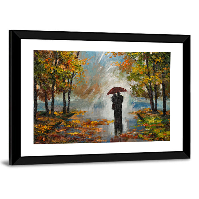 Couple in Autumn Forest Wall Art as a framed print