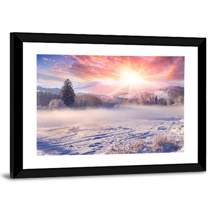 Sunrise Over Snowy Mountain Village Wall Art as a framed print