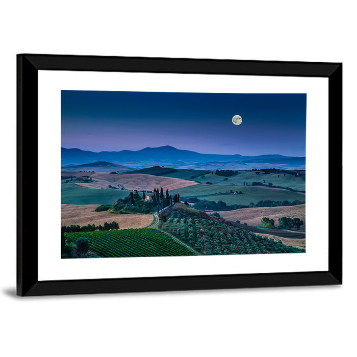 Moonlit Tuscan Hills Wall Art as a framed print