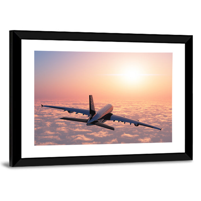 Passenger Plane Above Golden Clouds Wall Art as a framed print