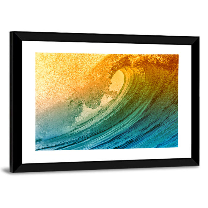 Golden Hour Barrel Wave Wall Art as a framed print