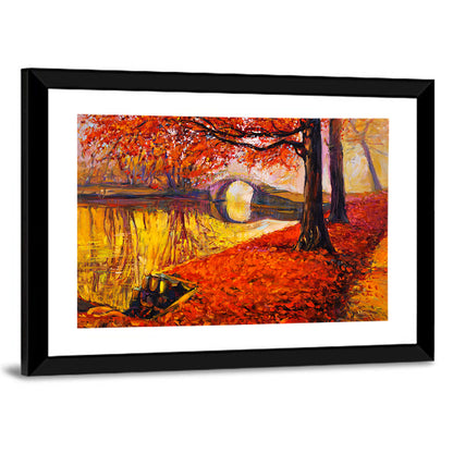 Autumn Bridge Over Golden Lake Wall Art