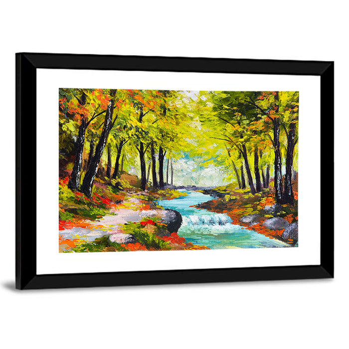 Autumn Forest Stream Wall Art as a framed print