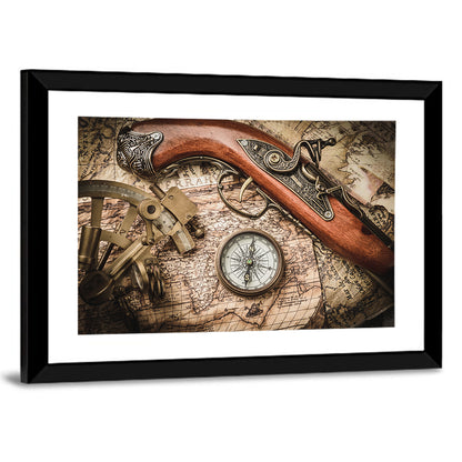 Antique Nautical Instruments with Flintlock Wall Art