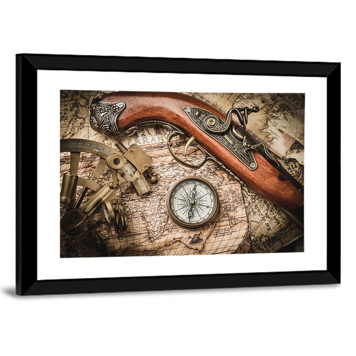 Antique Nautical Instruments with Flintlock Wall Art