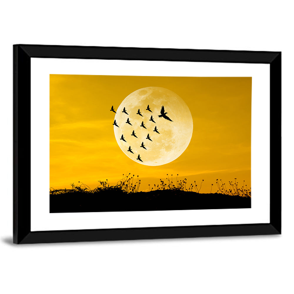 Moonlit Birds Over Wildflowers Wall Art