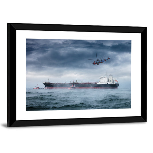 Rescue Helicopter Over Cargo Ship Wall Art