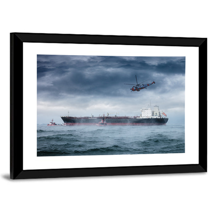 Rescue Helicopter Over Cargo Ship Wall Art as a framed print