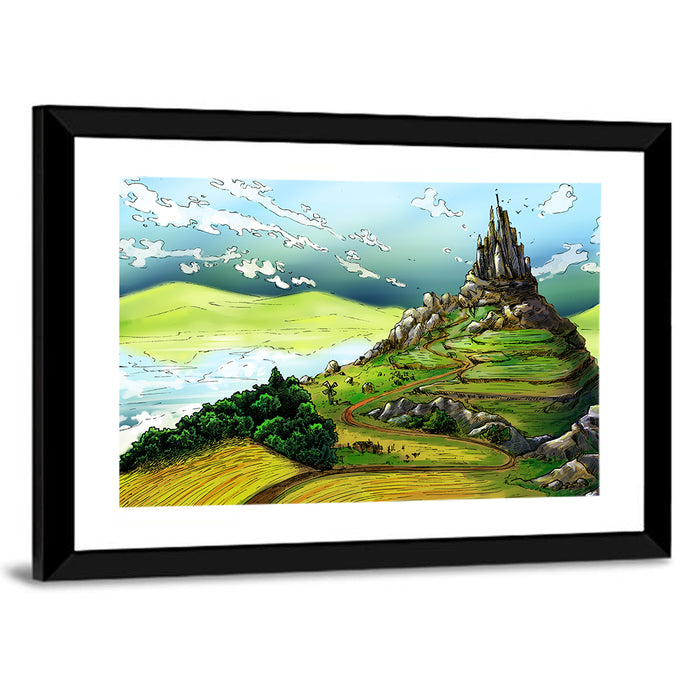 Hilltop Fairy Castle Illustration Wall Art as a framed print