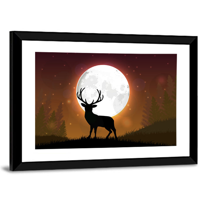 Moonlit Deer on Hill Wall Art as a framed print