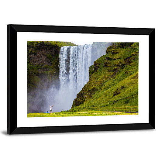 Skogafoss Waterfall with Moss Covered Cliffs Wall Art