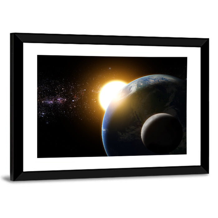 Sunflare Over Earth and Moon Wall Art as a framed print