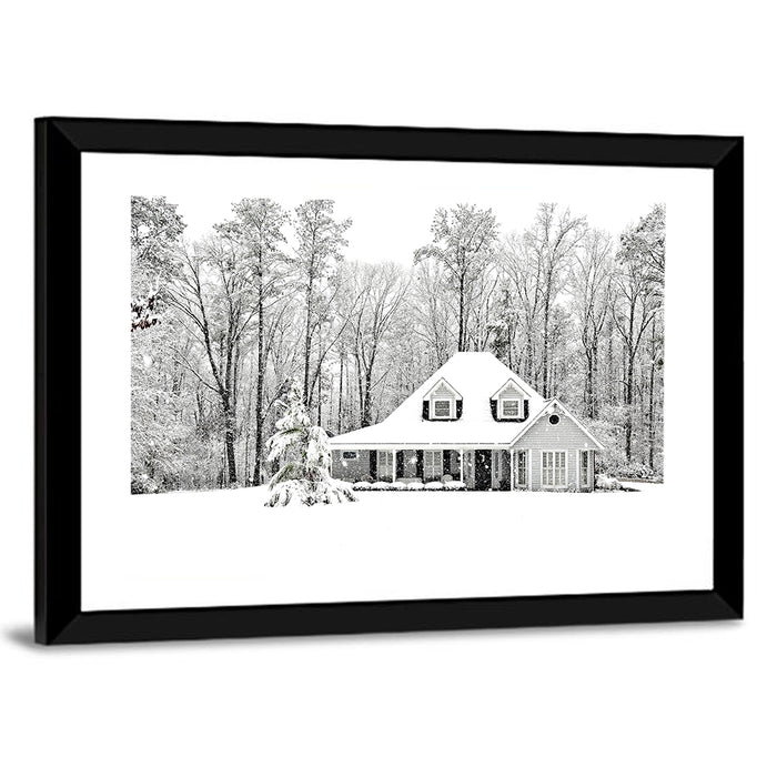 Frosty Winter House Landscape Wall Art as a framed print