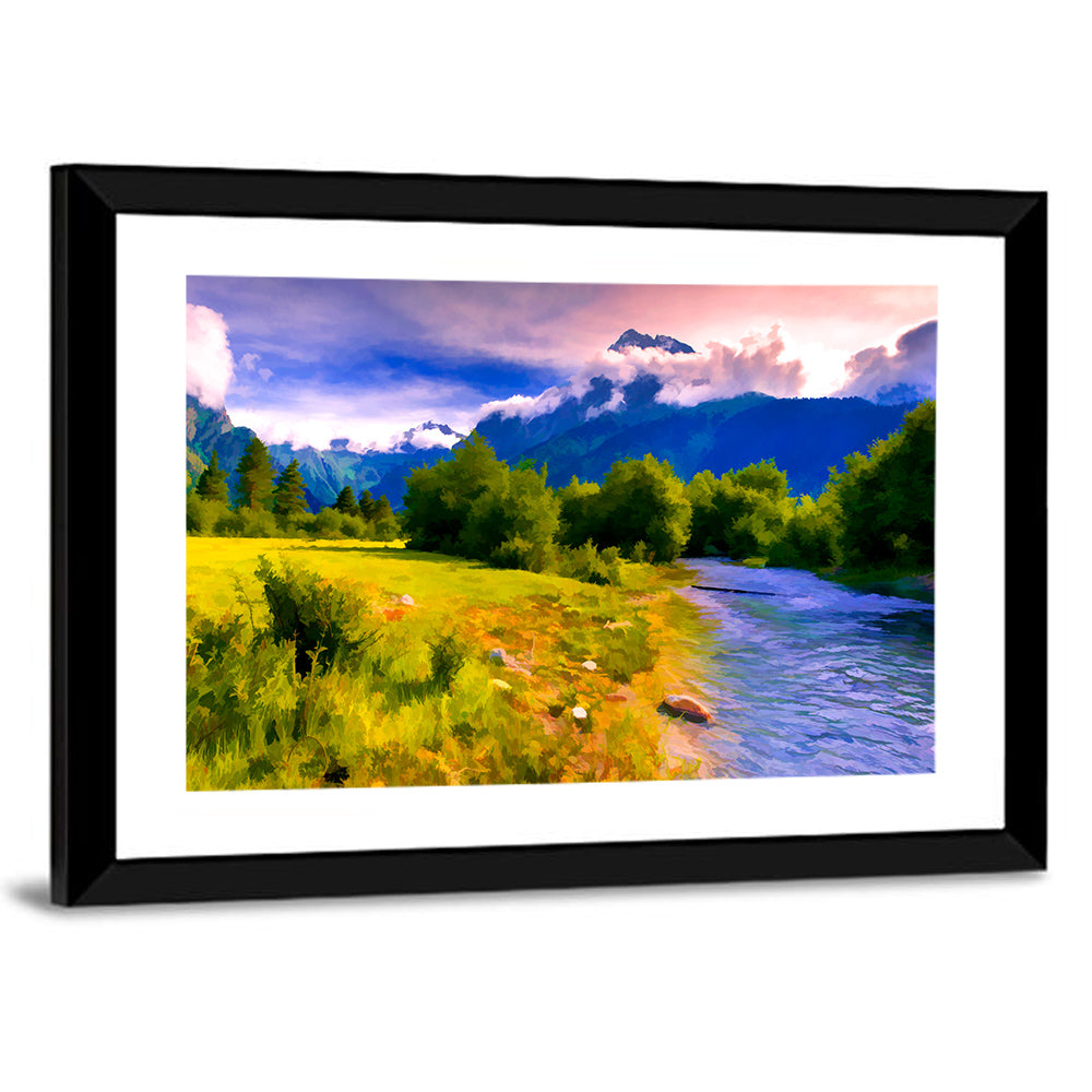 Mountain River Through Meadow Wall Art