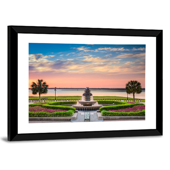 Charleston Pineapple Fountain at Sunset Wall Art as a framed print