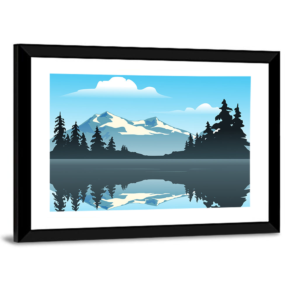 Mountain Lake Reflection Illustration Wall Art