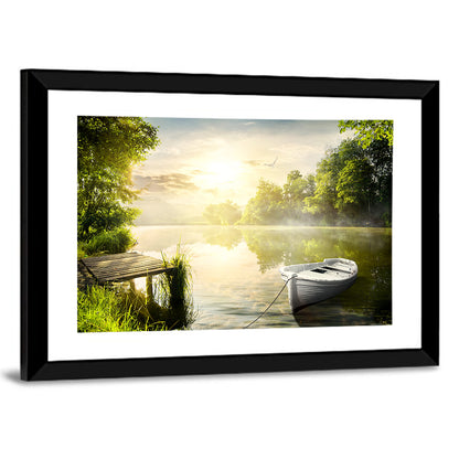 Rowboat at Misty Dock Wall Art