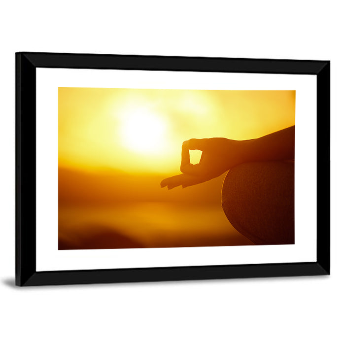 Lotus Pose on Beach at Sunset Wall Art as a framed print