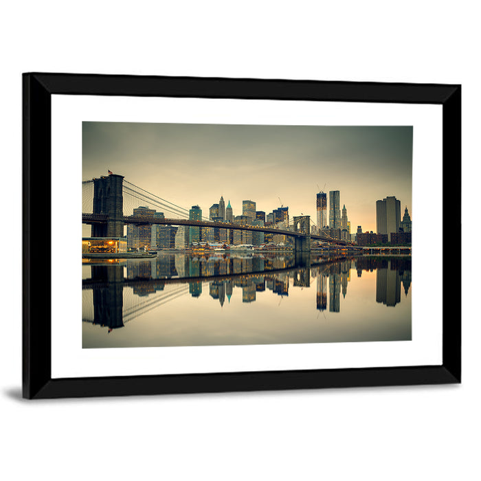 Brooklyn Bridge at Dusk, Manhattan Skyline Wall Art as a framed print