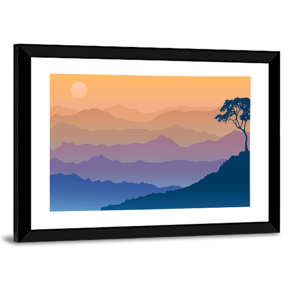 Layered Mountain Sunrise with Tree Silhouette Wall Art