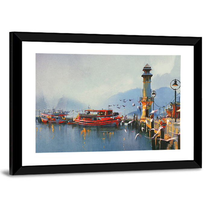 Fishing Boat at Misty Harbor Wall Art as a framed print