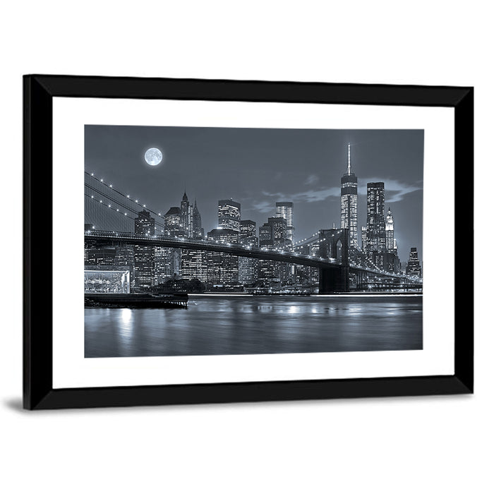 Brooklyn Bridge Night Skyline Wall Art as a framed print