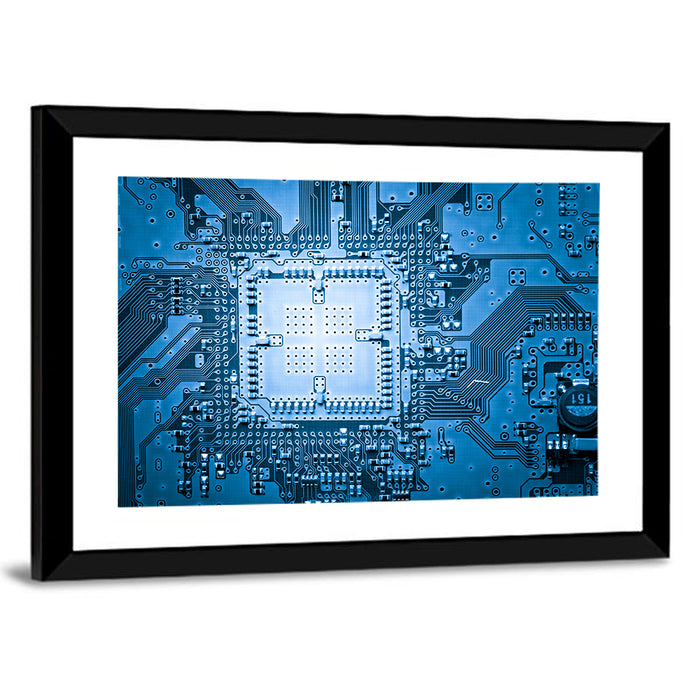 Blue Circuit Board Close-up Wall Art as a framed print